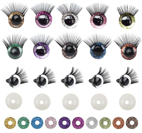 MIYUANGKJ 20 Stück 16mm Glitter Sicherheitsaugen, Puppenaugen mit Wimpern, Tieraugen Kunststoff Bastel Augen für Plüschtier Bären Handwerk Häkeln Spielzeug Herstellung(10 Farben)