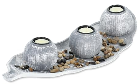 Relaxdays Set Portavelas con Bandeja y Piedras Decorativas, 50 cm de Largo, 3 Velitas, Decoración de Mesa, Gris/Blanco, Tablero de Fibras, 8.5 cm