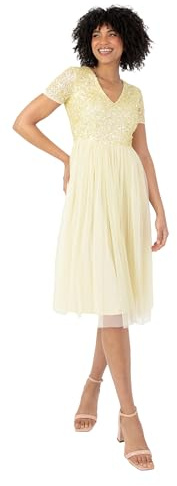 Maya Deluxe Women's Embellished Midi Evening Dress Ladies V Neckline with Short Sleeve for Prom Wedding Bridesmaid, Lemon, 18