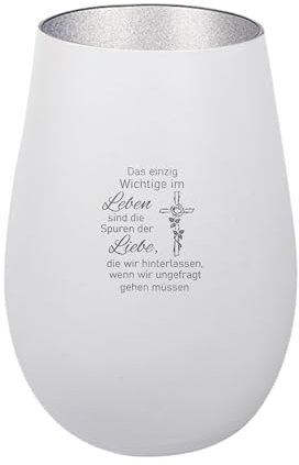 Der-Porzellan-Laden Windlicht mit Gravur Das einzig Wichtige im Leben, Weiß Silber, Teelichthalter aus Glas mit Spruch, Tischdeko modern
