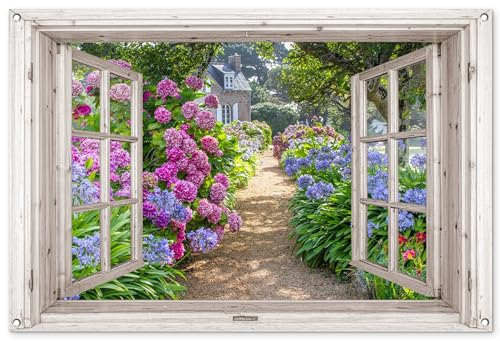 MuchoWow© Gartenposter Groß 120x80 cm XXL Outdoor Bilder Gartendeko für draußen Wetterfest Sichtschutz Garten Deko PVC Banner Draußen Bild Hortensie - Fensterblick - Blumen - Sommer - Lila - Weg