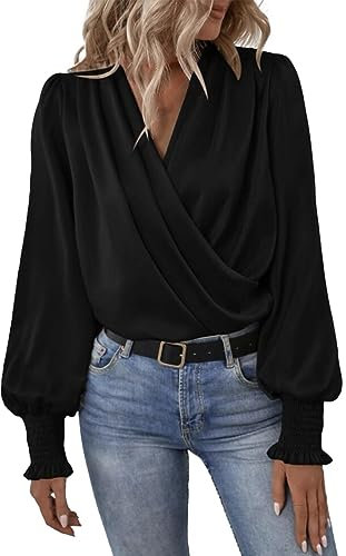 Generic Womens Satin Silk Blouses Elegant Casual Long Sleeve Sexy Deep V Neck Evening Party Wrap Tops Flattering Blouses Boho Shirts for Women 2024 Black