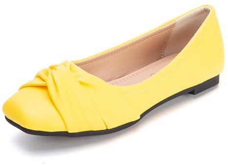 Gicoiz Women Square Toe Ballet Flats Foldable Ballerina Dolly Shoes Foldable Slip On Work Loafers Casual Slippers Bows Yellow Size 1-33