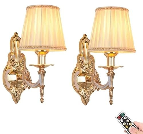 Wireless Battery Operated Wall Sconces Lights with Remotes & Bulbs, Antique Gold Rechargeable Wall Sconce Dimmable Timeable with White Fabric Shade, for Bedroom Living Room Hallway Vanity Staircase
