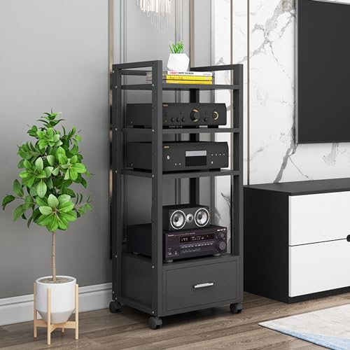 YVYKFZD Rack HiFi AV con cassetto, Rack Audio mobile, Cabinet Audio HiFi a 3/4/5 livelli con ripiani regolabili, mobile stereo hi fi rack hifi aperto multifunzione(Color:Black,Size:4 tiers-H120cm/47.2