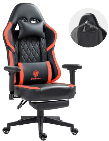 Dowinx Sedia da gaming con cuscino a molle insacchettate e gancio, in pelle PU, con poggiatesta, ergonomica, da ufficio, con poggiapiedi, 135 kg, per adulti, colore nero e rosso