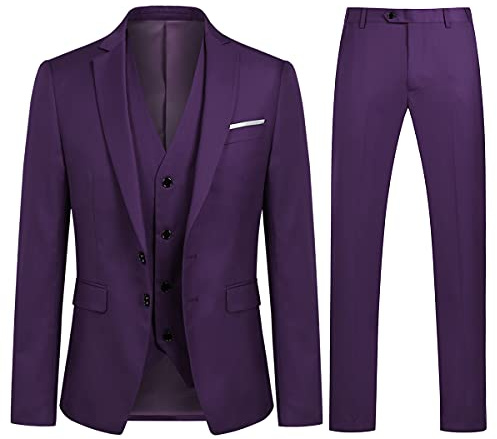 YOUTHUP Costume Homme 3 Pièces Slim Fit Smoking pour Mariage Business | Veste Gilet Pantalon, 2 Boutons, Revers Crantés, Fente Centrale, Couleur Unie, Formel, Elégant, Costard