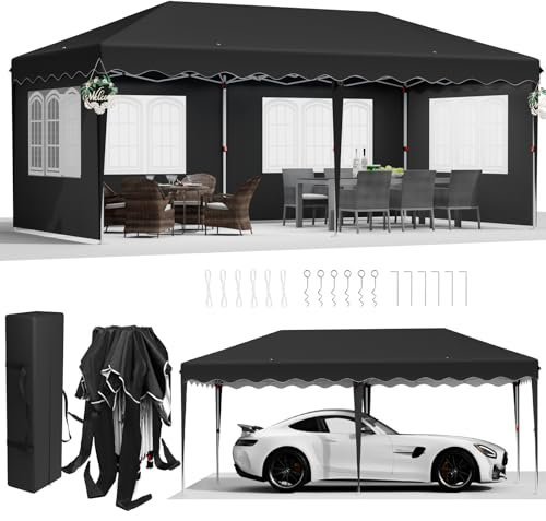 Pavillon 3x6,One Push Faltpavillon 3x6 Wasserdicht Stabil, Pop up Pavillon Winterfest, Gartenpavillon mit 4 Seitenteilen,Partyzelt,12 Erdhaken 6 Seile, für Strand/Festival/Camping/Markt,Schwarz