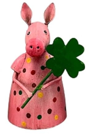 lustiger Zaunhocker Schwein Schweinchen Glücksschwein rosa mit Punkten und Glückskleeblatt oder Schild GLÜCK aus Metall bemalt in verschiedenen Ausführungen (Kleeblatt groß)