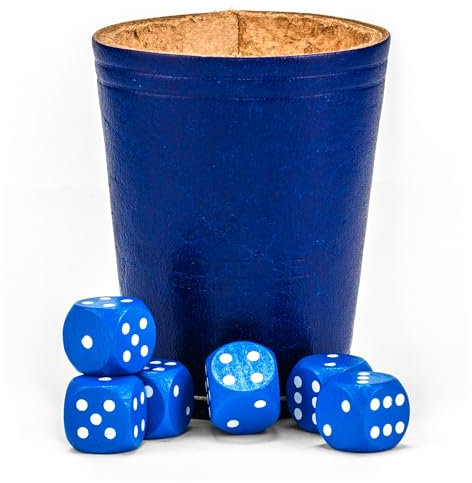 WALDFELSEN® Echtleder Würfelbecher (9 cm) mit 6 Holzwürfeln (16 mm) aus Buchenholz Lederbecher Würfelset Augenwürfel Spielwürfel (Farbe: Blau)