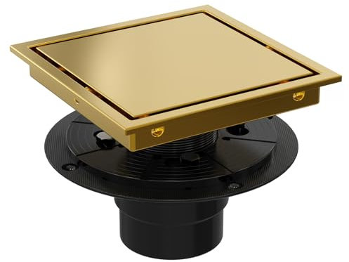 Heaorld Desagüe cuadrado de ducha de 6 pulgadas con brida, reversible 2 en 1 de color dorado cepillado, rejilla de inserción de azulejos extraíble, kit de drenaje de suelo de ducha de acero inoxidable