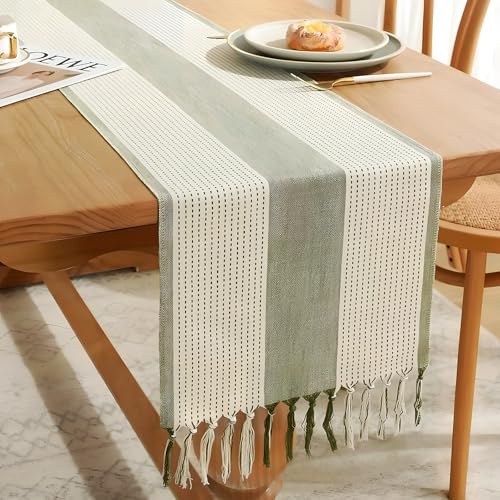 Boho Grau Landhausstil Bauernhaus Stil Quasten Tischläufer, Rechteckige Häkelspitze Mesh Tischdecke für Küche Tabletop Dekor, Waschbar Tisch Dekoration Party Geburtstag Hochzeit Dekor (Grün)