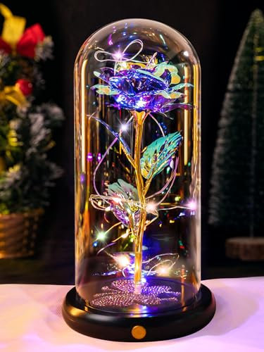 DEEMEI Eternal Rose Flowers Birthday Gifts for Women, for Mum Her, Upgraded USB Galaxy Crystal Rose in a Glass Dome LED Light-Up Presents for Anniversary Wife Grandma, Purple