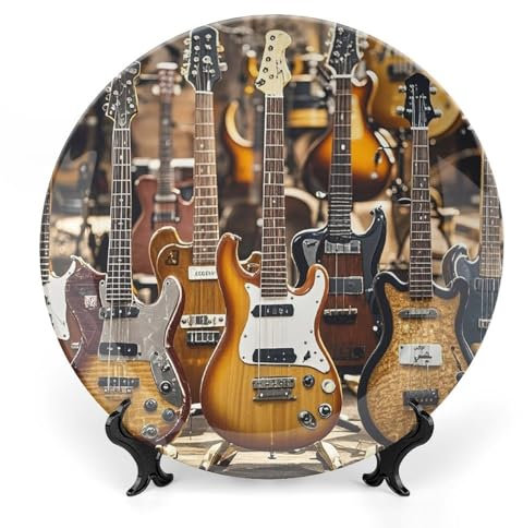 Dekorativer Teller aus Knochenporzellan, 15,2 cm, Keramik-Teller, Basteln, Gitarre, Bass, Musik, Musikinstrumente, dekorative Teller mit Präsentationsständer, hängende Porzellanteller, runde