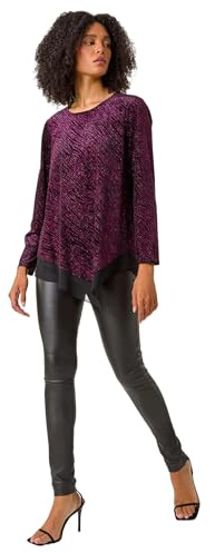 Roman Originals Chiffon Hem Top for Women UK - Ladies Asymmetric Hemline Stretchy Blouse Summer Spring Evening Vacation Work Holiday Short & Long Sleeve Smart Casual - Magenta - Size 20