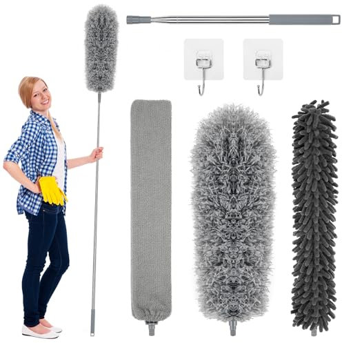 TAOPE Feather Duster Extendable Duster Microfiber with 30-100 inch Telescopic Extension Pole, Grey Bendable & Reusable Gap Hand Crevice Brush for Cleaning Dust Cobwebs Ceilings Fans Blinds Lights