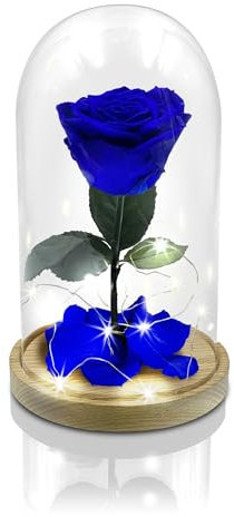 Aluisi Fiori - Rosa La Bella e La Bestia Blu - Rosa Blu in Campana di Vetro - Base Color Naturale con LED - Rosa Stabilizzata Ideale per Fiducia, Eleganza e Regalo per la Festa del papà.