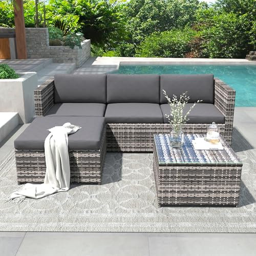 KecDuey Gartenmöbel Set,Polyrattan Lounge-Sofagarnitur, Lounge-Gartenmöbel, Ecksofa, Couchgarnitur mit Sitz- und Rückenkissen, Lounge-Tisch mit Glasplatte (Grau)