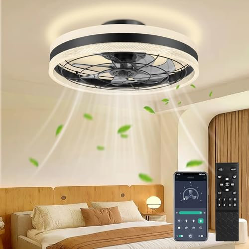 wowspeed Modern Deckenventilator mit Beleuchtung und Fernbedienung, Dimmbare LED Deckenleuchte mit Fernbedienung und APP, 3 Lichtfarben, 6 Windstufen, Lampe mit Ventilator Leise, Schwarz, 50cm, 70W