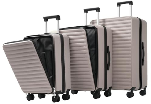 Merax 3tlg. Hartschalenkofferset, Gepäckset, Rollkoffer, Front-Öffnungs-Design, Klappbare Getränkehalter, TSA-Schloss, 360°-Rollen, M-L-XL Reisekofferset, Braun