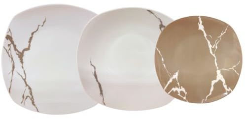 Omniacasa Lot de 18 assiettes plates pour 6 personnes | Porcelaine blanche résistante et taupe design moderne marbré élégant | usage quotidien, lavable au lave-vaisselle