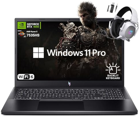 acer Nitro V - Laptop para juegos de 15.6 pulgadas, AMD Ryzen 5 7535HS Hexa-Core, NVIDIA GeForce RTX 4050, 144Hz FHD IPS, 16GB RAM, 512GB SSD, WiFi 6, teclado retroiluminado, Windows 11 Pro