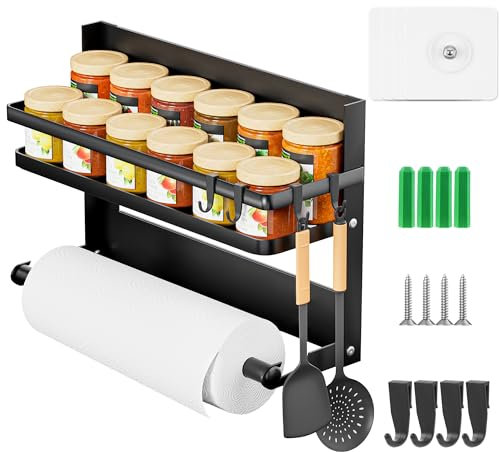 Jokisa Porta Spezie per Cucina con Porta Rotolo da Cucina e 4 Ganci –Portaspezie da Parete Senza Forature per Organizzare e Risparmiare Spazio in Cucina