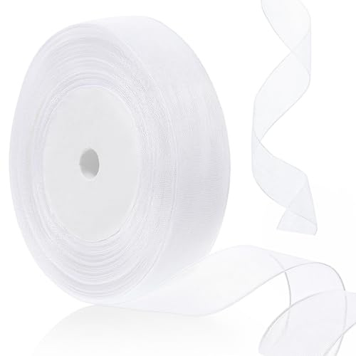 BOHUIZ Geschenkband Chiffon Weiss, 45m Durchscheinende Schleifenband | Tüllband Weiß Geschenkband Weiß Chiffonband Dekoband für Bastelarbeiten Hochzeit Geschenkverpackung Brautstrauß Nähprojekte
