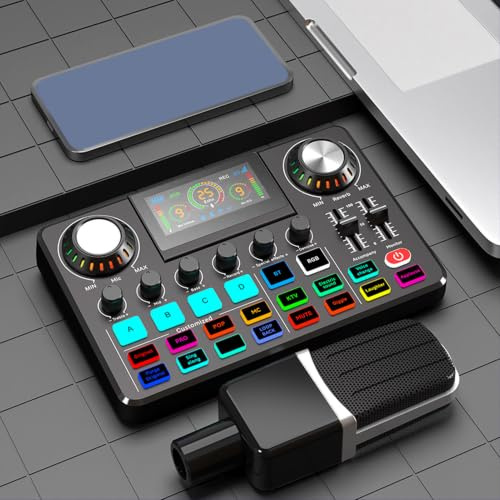 Asixxsix Gaming Audio Mixer, Small Podcast Equipment Live Sound Card mit Einstellbarem LED -Bildschirm Professionelle Audio -Schnittstelle DJ Mixer Sound Board für PC -Telefon