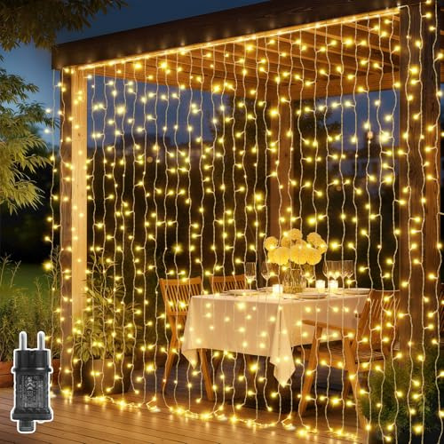 Lichtervorhang Innen LED Lichterkette Vorhang Außen 3x3m 300 F5-LEDs PVC Fairy Lights mit Fernbedienung Timer,8Modi,IP65 Wasserdicht Weihnachtsdeko für Weihnachten Fenster/Party/Zimmer/Balkon-Warmweiß