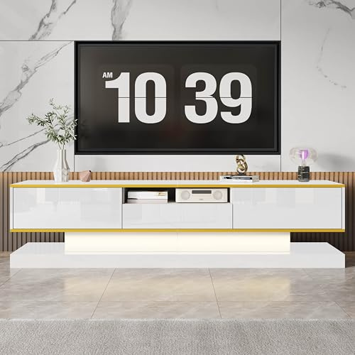 Lahoomu TV-Schrank mit DREI Schubladen und Einem Offenen Fach - Hochglanz mit Farbwechselnden LED-Leuchten, 180 * 38 * 45cm Weiß