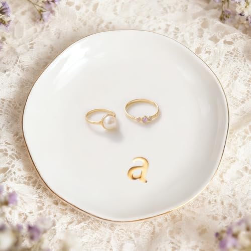 Gifts For Women, Trinket Dish, Ceramic Jewelry Dish, Trinket Decorative Jewellery Dish Tray with Initial, Ring Holder, Desk Decor, Unique Birthday Wedding Christmas New Home Gifts For Women Her(A)