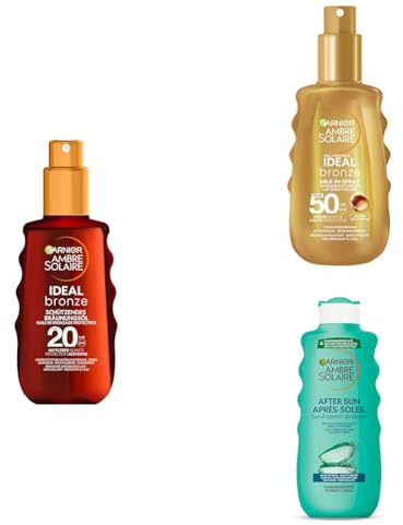 Garnier Sonnenroutine: Garnier Ambre Solaire Set mit Ideal Bronze Sonnenöl LSF 20, Milk-in-Spray LSF 50 und After Sun Bodylotion mit Aloe Vera für optimalen Schutz, Bräune und Pflege