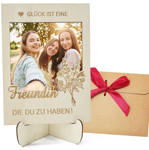 Magnetischer Holz Bilderrahmen mit Freundschafts-Spruch „Glück ist eine Freundin die du zu haben“ – Beste Freundin Geschenke zum Jahrestag, Geschenk Freundin Geburtstag mit Magnetständer und Umschlag