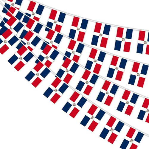 AhfuLife 1 Pezzi Repubblica Dominicana Bandiera Bunting 30pcs Bandiere, 14× 21 cm-10m Doppio Lato Rettangolare Repubblica Dominicana Banner Tessuto per Coppa del Mondo, Calcio Casa, Giardino, Festa