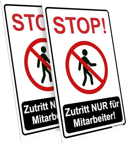 PRINTIMA 2x Schild „STOP! Zutritt NUR für Mitarbeiter!“ 21x32 cm – PVC Hinweisschild inkl. Dübel - Zutrittskontrolle für Betriebe, Lager, Labore & Sicherheitsbereiche