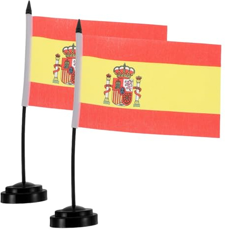 ZUNOXAZ 2 juegos de banderas de mesa de España con mástil y base negros: bandera de mesa española en miniatura de 20 x 13 cm para eventos de fútbol de 2026, decoración para oficinas, aulas y el
