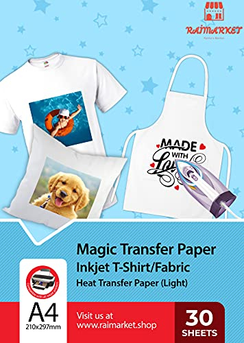 Transferpapier/Bügelpapier/Transferfolie für HELLE Textilien/Stoffe von Raimarket | 30 Blatt | A4 Inkjet Bügeleisen auf Papier/Transferfolie/T-Shirt-Transfers | Textilefolien | DIY Stoffdruck (30)