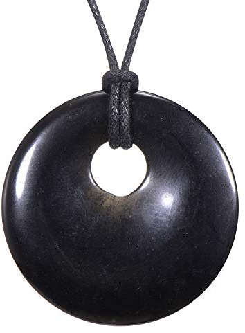 Morella Damen-Halskette 80 cm mit rundem Edelstein Anhänger schwarzer Obsidian im Samtbeutel