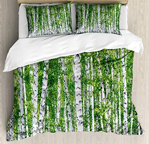 ABAKUHAUS Birke Bettbezugs Set Für Doppelbetten, Frische Sommer-Blätter, Weicher Microfaserstoff Allegigeignet kein Verblassen, 230 x 220 cm, Grün Schwarz