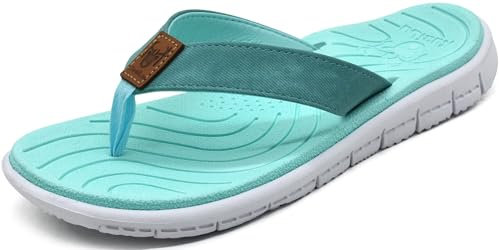 KuaiLu Flip Flops Women Leather Arch Support Summer Wide Fit Beach Pool Ladies Thong Sandals Yoga Memory Foam Cushion Slip On Shower Cloth Fabric Orthopedic Plantar Fasciitis FlipFlops Turquoise 8