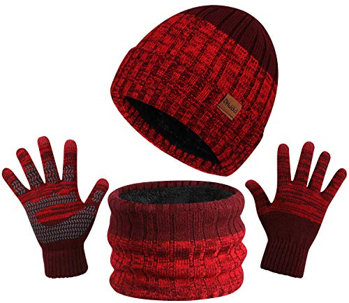 TAGVO 3in1 Winter Beanie Hut, Schal, Handschuhe Set,Ultraweiche elastische Verdickung Vlies Innenfutter Strick Beanie Cap Neck Warmer Warme Strickmützen, Mütze, Schal & Handschuh-Sets für Damen Herren