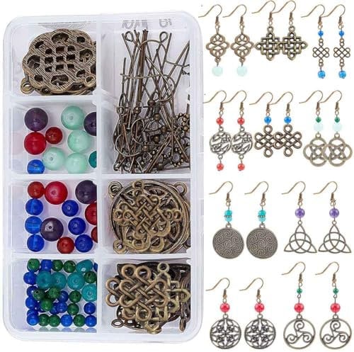 SUNNYCLUE 1 Box DIY 10 Pairs Trinity Celtic Knot Earrings Making Kits Alloy Connectors & Glass Beads & Brass Earring Hooks for DIY Jewelry Making Earring Accessories, Antique Bronze
