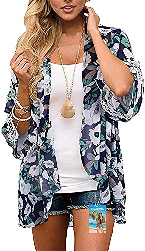 YULOONG Womens Cover Up Chiffon Stampa Floreale Kimono Cardigan con Scialle Allentato Boho Camicetta Casual Estiva Top Costumi da Bagno da Spiaggia Sexy Mantelle