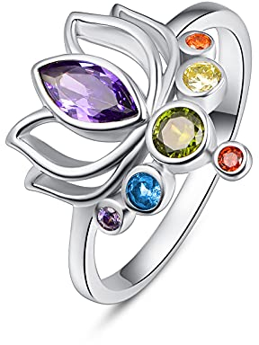 TANGPOET Chakra Ringe für Frauen 925 Sterling Silber Lotus Blume Yoga Ring, Inspirierender Daumenring, Schmuck Geschenke für Damen Mädchen Frauen, Größe 7#