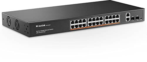 MokerLink Switch Gigabit PoE a 24 porte, 2 Gigabit Ethernet uplink, 2 Gigabit SFP, 400 W IEEE802.3af/at, switch di rete non gestito Plug and Play