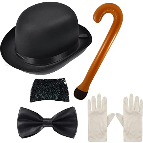 Edozos Charlie Chaplin Kostüm für Erwachsene, 1920er-Jahre-Sturm-Film, 5-teiliges Set, schwarzer Bowler-Hut + Charlie Schnurrbart + Fliege + Handschuhe + aufblasbarer Stock