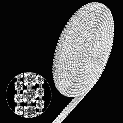 Prasacco 1 Rolle Strassband, Strassstreifen Dekoration 3 Reihen Kristall Strass Kette für DIY Schmuck, Nähen Handwerk, Hochzeits Party Dekoration - Silber Boden + Weiße Strass(9 mm Breit, 3 Yard Lang)