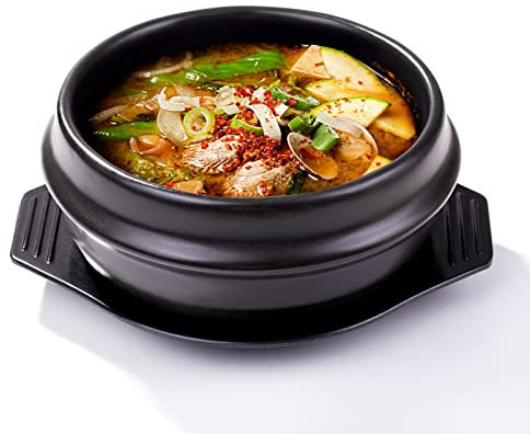 Swlthwen Korean Stone Bowl with Tray, Premium Ceramic, Stone Hot Pot for Bibimbap Soup, 37.1 oz Capacity