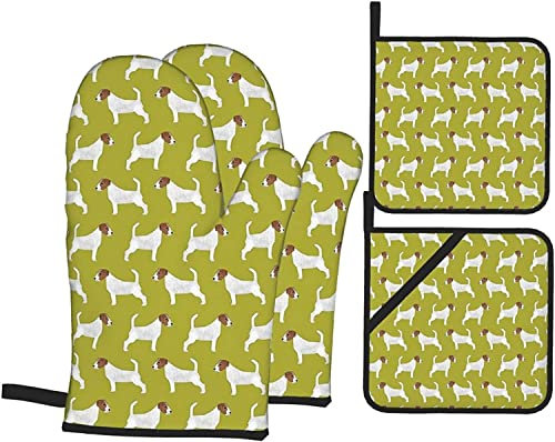 Oven Mitts And Pot Holders Sets 4 Piece,Jack Russell Terrier Non-Slip Heat Resistant Oven Gloves For Kitchen Cooking